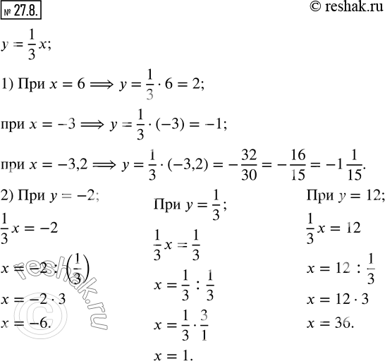 Изображение 27.8. Функция задана формулой y=1/3 x. Найдите:1) значение y, если x=6; -3; -3,2;2) значение x, при котором y=-2; 1/3;...