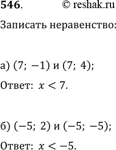 Изображение 546. Составьте линейное неравенство, графиком которого является левая открытая полуплоскость, если её границе принадлежат точки: а) (7; -1) и (7; 4);   б) (-5; 2) и...