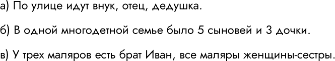 Изображение 47.	Состав семьи.а) По улице идут два сына и два отца. Всего 3 человека. Может ли так быть?б)	В одной многодетной семье у каждого из пяти сыновей было три сестры....