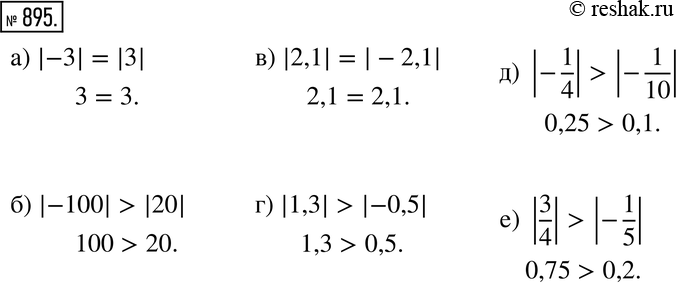 Изображение 895. Сравните:а) |-3| и |3|;б) |-100| и |20|;в) |2,1| и |-2,1|; г) |1,3| и |-0,5|; д) |-1/4| и |-1/10|;е) |3/4| и...
